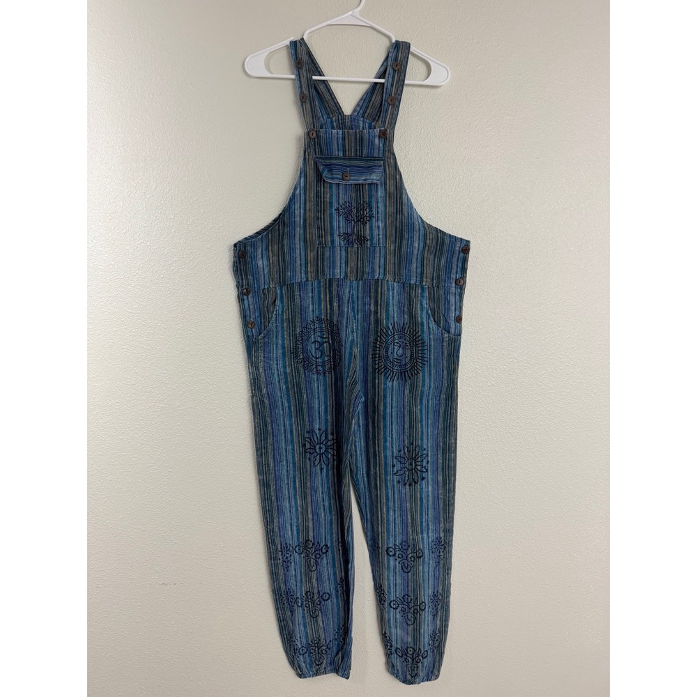 Rising International Boho‎ Striped Celestial Block Print Overalls Blue Festival